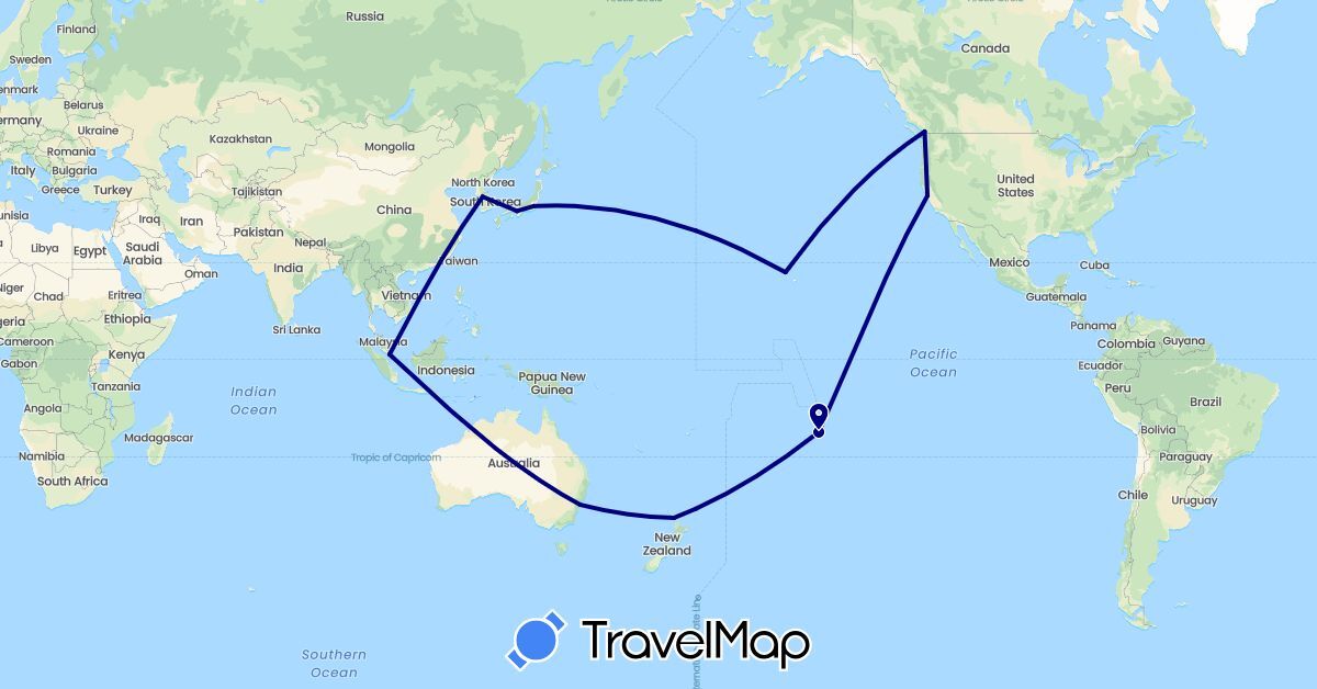TravelMap itinerary: driving in Australia, Canada, France, Japan, South Korea, New Zealand, Singapore, United States (Asia, Europe, North America, Oceania)